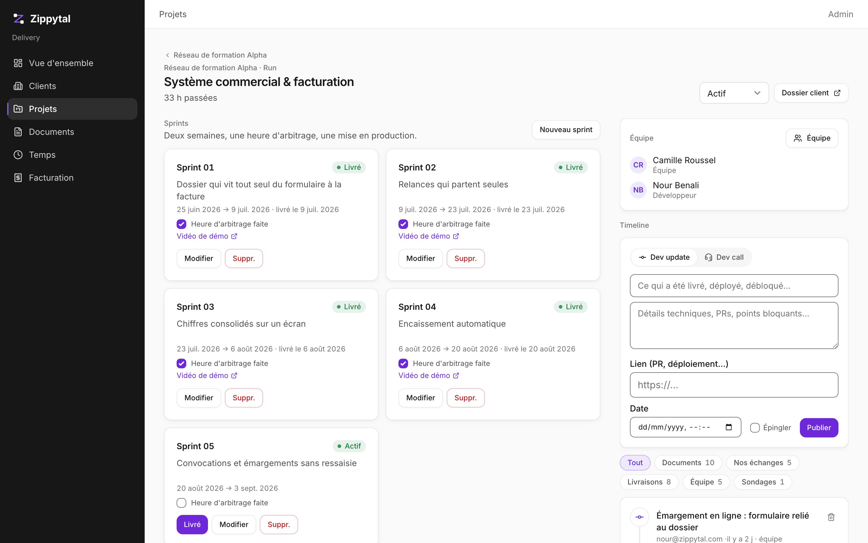 The sprint board in the Zippytal tool: two-week sprints, deliverables from “to do” to “in production”, team and timeline.